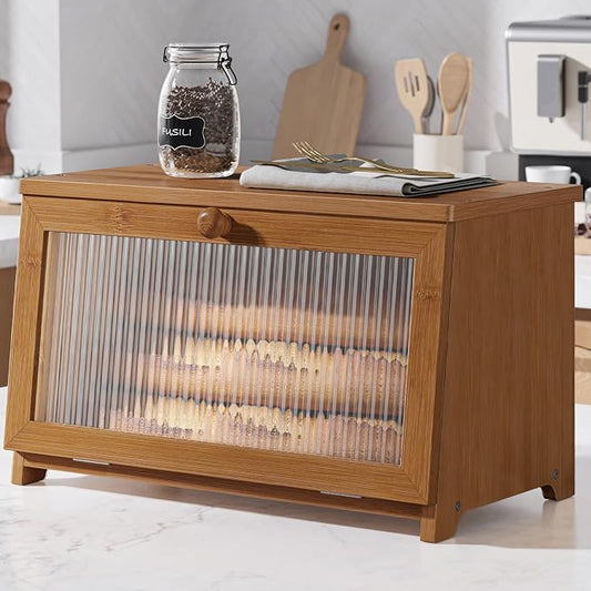 Kitsure Wooden Bread Box for Kitchen Countertop, 1-Tier, Brown | Large Capacity Kitchen Countertop Organizer, Stylish Bread Storage with Window, Multi-functional Container by Kitsure