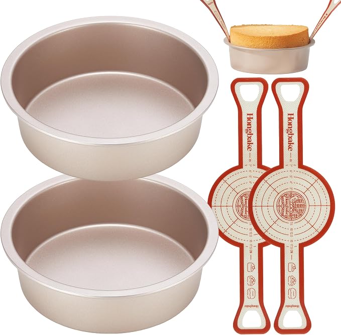 8 Inch Round Cake Pan Set for Baking with 2 Pcs Silicone Baking Sling Mats, Nonstick Circle Cake Pans Set of 2, 2.5" Deeper Layer Cake Tin for Oven, Cheesecake Mold, Huty Duty, Golden by HONGBAKE