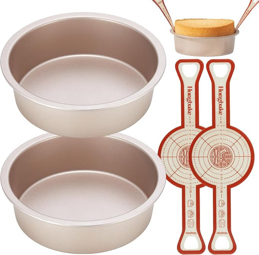 8 Inch Round Cake Pan Set for Baking with 2 Pcs Silicone Baking Sling Mats, Nonstick Circle Cake Pans Set of 2, 2.5" Deeper Layer Cake Tin for Oven, Cheesecake Mold, Huty Duty, Golden by HONGBAKE
