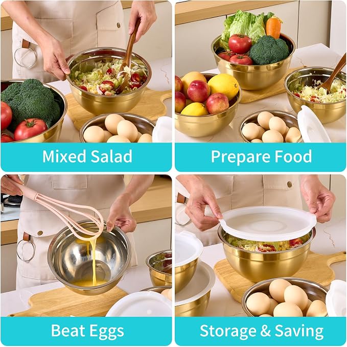 6 Piece Gold Mixing Bowls Set With Lids for Kitchen - Stainless Steel Ideal for Baking, Prepping, Cooking and Serving Food - Nesting Metal Bowls for Space Saving Storage - Image 5