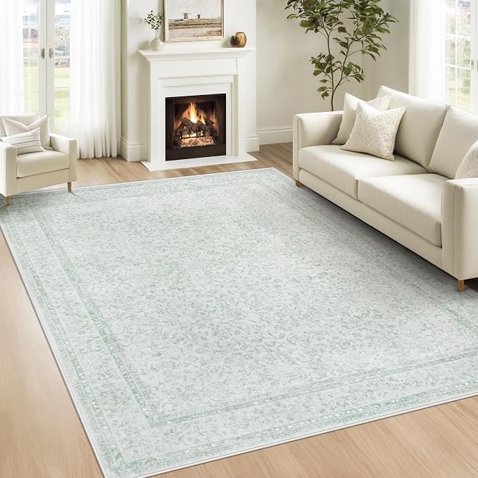 6x9 Area Rugs for Living Room: Washable Vintage Floral Rug Low Pile Non-Slip Boho Carpet for Nursery Bedroom Dining Room (Green, 6'x9') by LOSBULAKE