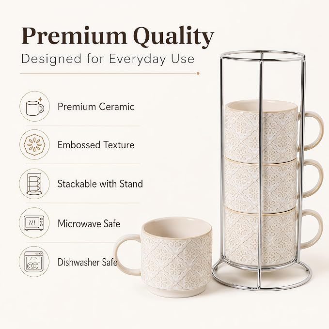 6 Oz Coffee Mugs with Stand, Stackable Coffee Cups Set of 4, Ceramic Espresso Cups, Embossed Cappuccino Cups for Latte, Cocoa, Mocha, Tea, Housewarming Wedding Present, Dishwasher Safe - Image 2