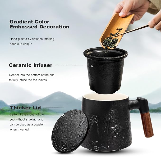 suyika Ceramic Tea Cup with Infuser and Lid, Gradient Embossed Large Tea Mug Wooden Handle for Steeping Loose Leaf, Tea Lover Gifts 15.2 oz / 450 ml,Matte Black - Image 3