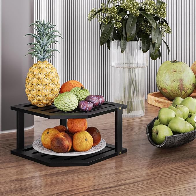 VERTORGAN 2 Tier Bamboo Plate Organizer,Corner Shelf for Kitchen(Black) | Pantry Storage,Dish Rack,Spice Rack,Corner Organizer,Kitchen Counter Shelves,Kitchen Storage,Holds Plates - Image 5