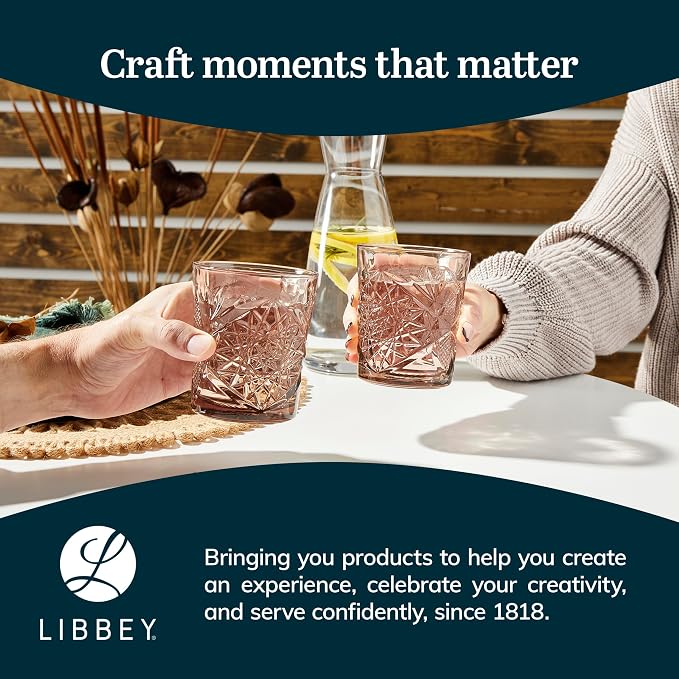 Libbey Hobstar Double Old Fashioned Glasses,Rose Colored Cut Glass Drinking Glasses Set of 4, Durable, Vintage Whiskey Glasses for Cocktail, Drinks - Image 6