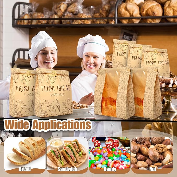 Feifeiya 200 Pack Kraft Paper Bread Bags for Homemade Sourdough Bread Bag with Clear Window 13.7 x 8.2 x 3.5 Large Bakery Packaging for Treat Storage Gift Giving with Seal Sticker - Image 4