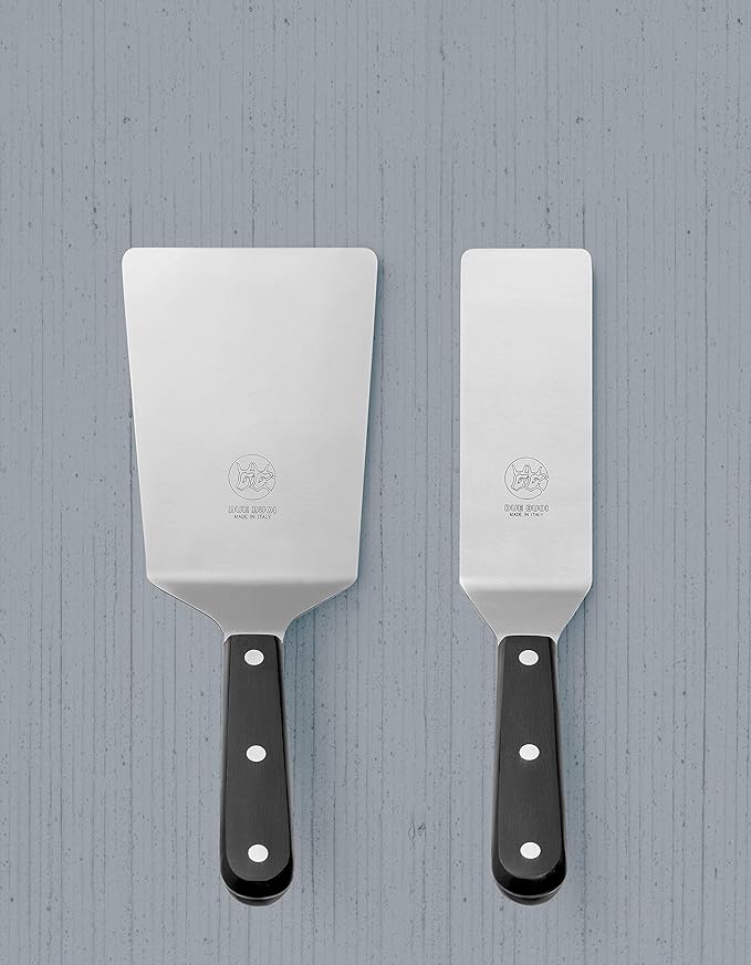DUE BUOI set Wide Spatula blade dimension 4" x 6"1/3 and Narrow blade dimension 2" x 6" 1/3. Full Tang Triple Riveted. Non-stick Durable. ICQ Approved.