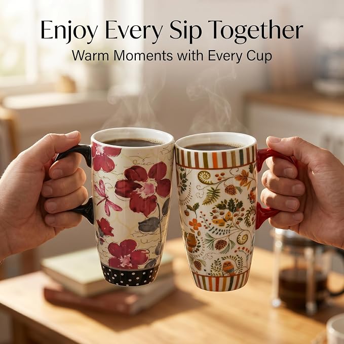 Topadorn Set of 2 Ceramic Travel Mug with Lid, 17oz Ceramic Coffee Mug | Nature Inspired Floral & Woodland Design, Microwave & Dishwasher Safe, Gift Boxes Included - Image 6