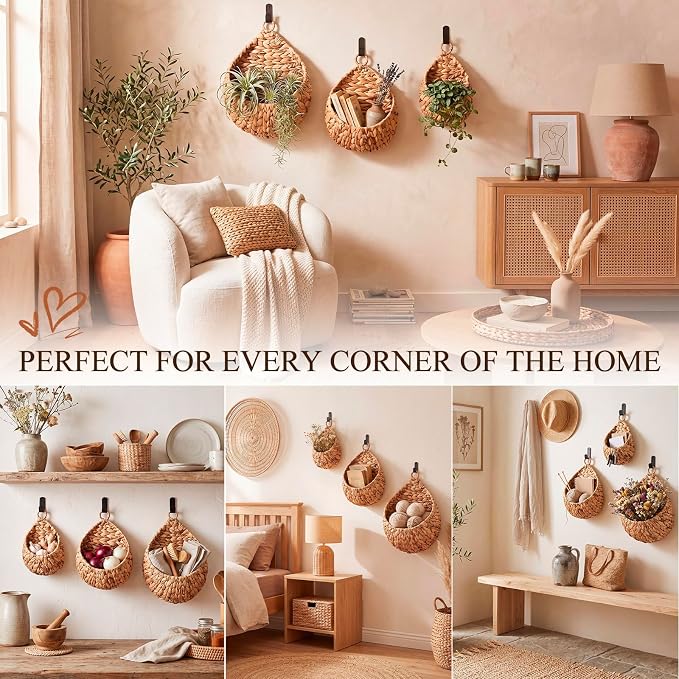 Honeydak Boho Decor Hanging Wall Baskets for Kitchen 3 Pack Teardrop Baskets with Hooks Storage Fruit Onion Vegetable Potato for Home 3 Sizes(Water Hyacinth,Teardrop,Jute) - Image 6
