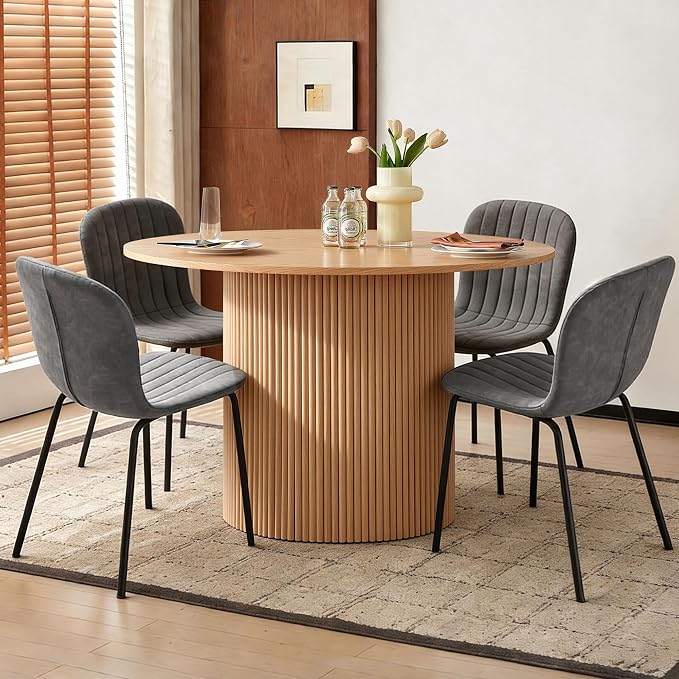 5 Piece Round Dining Table Set for 4, Mid Century Modern Wooden Kitchen Table and Chairs, Space-Saving Small Dinette Set (47 Inch Oak Table+4 Grey Chairs) - Image 4