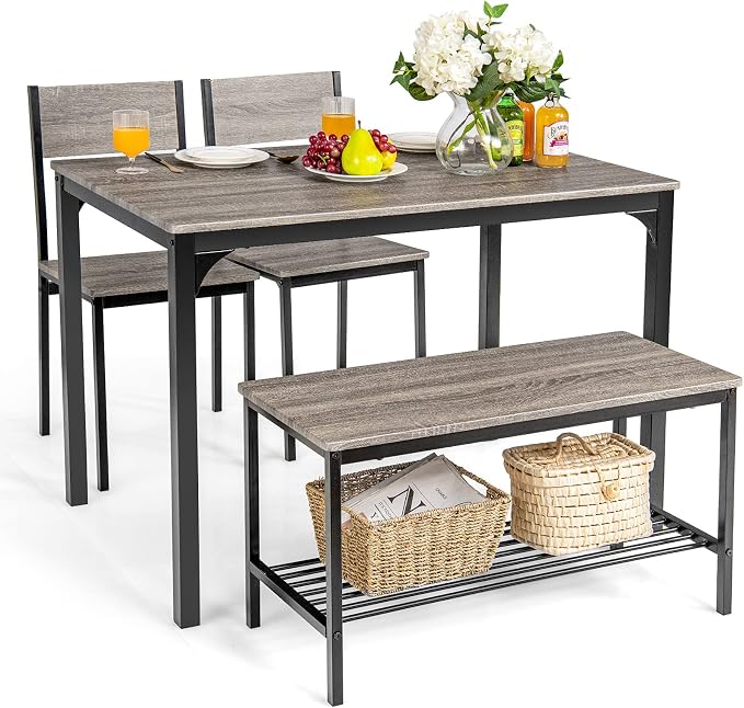 Giantex Dining Table Set for 4, Kitchen Table with Bench and Chairs, Industrial Gathering Bench Dining Set W/Metal Frame & Storage Rack, Dinette Set, Modern Functional Desk Set (Grey) by Giantex