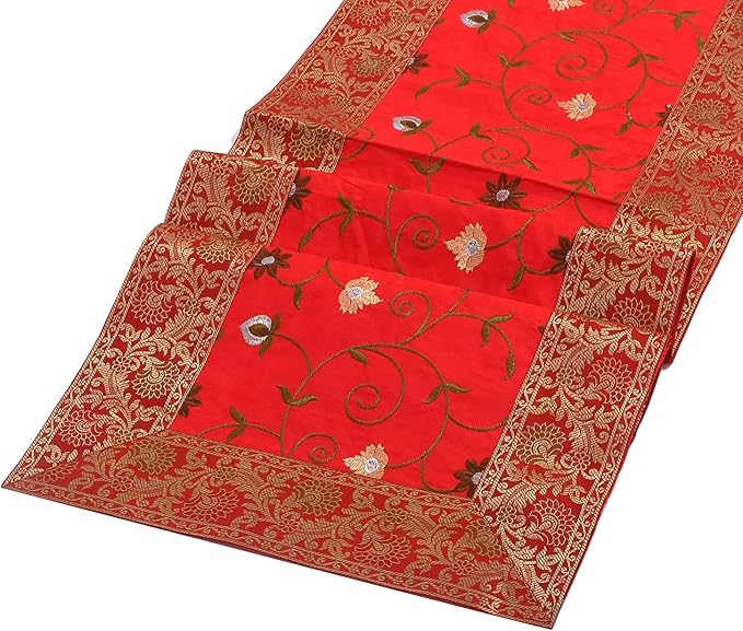 Handmade Banarasi Silk Table Clothes Matte, Animal Print Silk Table Cloth, Elephant Style Table Runner, Dining Table Runner (Red 152x42 Inch) - Image 2