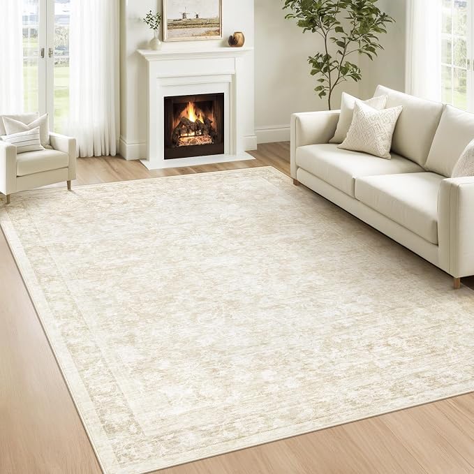 5x7 Area Rugs for Living Room: Washable Vintage Floral Rug Low Pile Non-Slip Boho Carpet for Bedroom Nursery Dining Room (Beige, 5'x7') by LOSBULAKE