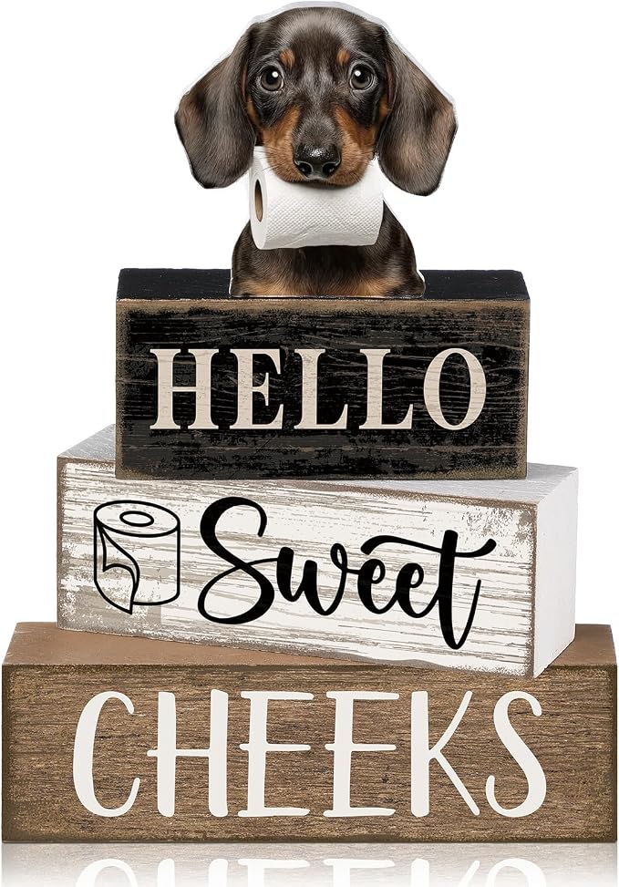 Moucuny 4 Pcs Dachshund Bathroom Decor Set Funny Toilet Wooden Tiered Tray Decor Farmhouse Dachshund Centerpiece Rustic Bathroom Shelf Decoration Hello Sweet Cheeks Decoration for Home Office by Moucuny