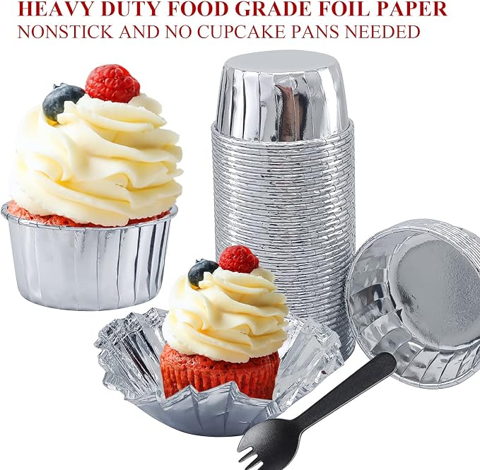 50 Pack Foil Cupcake Liners with Dome Lids,LNYZQUS 5oz Large Cupcake Cups,Disposable Muffin Tins Ramekins Pans Baking Cups Wrappers Holders-Silver - Image 4
