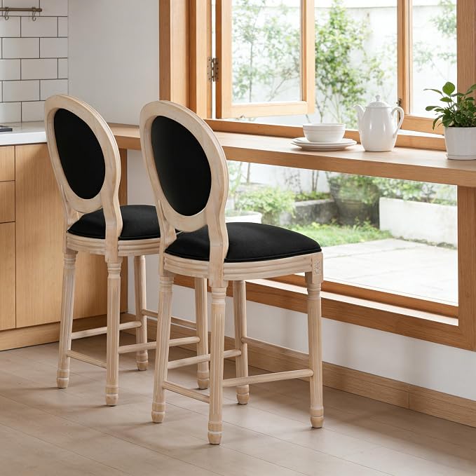 French Country Barstool, Linen Farmhouse Counter Height Chair | Set of 2, with Cushion Round Back and Solid Wood Legs, Oval Chairs for Restaurant, Bar, Kitchen, Café, Black - Image 2
