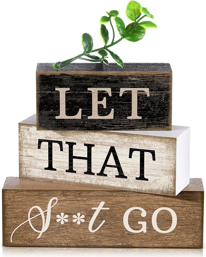 Moucuny 4 Pcs Bathroom Shelf Decor Sign Farmhouse Bathroom Decor and Accessories Rustic Eucalyptus Leaves Wood Block Sign Gift Let That Shit Go Funny Farmhouse Table Centerpiece for Home Office Toilet by Moucuny