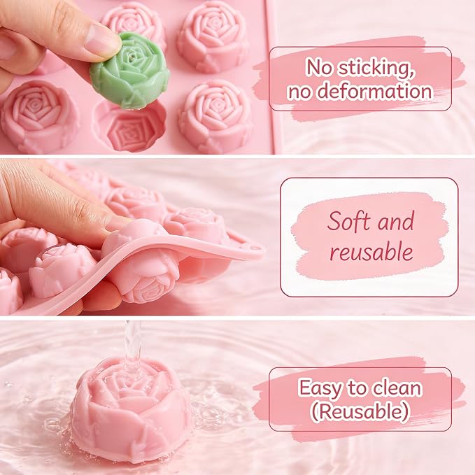 2 Pcs 15-Cavity Rose Flower Silicone Mold Non-Stick Fondant Molds for Cake Decorating Sugarcraft Candy Chocolate Ice Cube Resin Clay Kitchen Baking Tools - Image 4