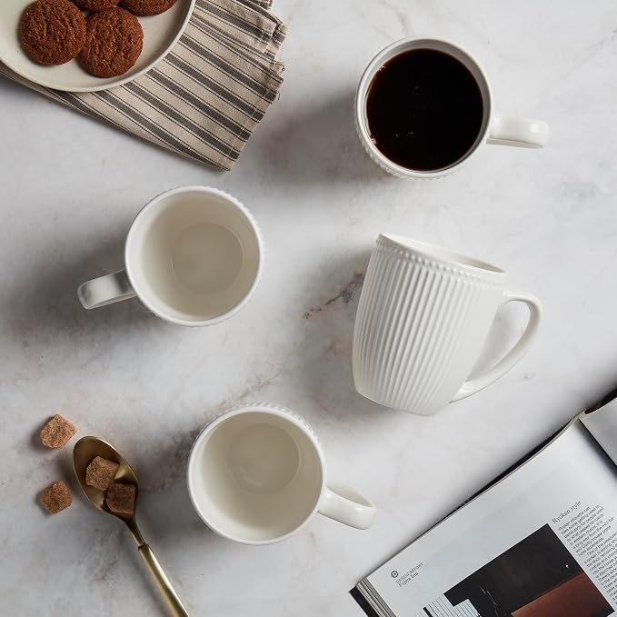Tabletops Gallery 4 Piece Embossed White Chip Resistant Porcelain Mug Set | Dishwasher safe - Image 3