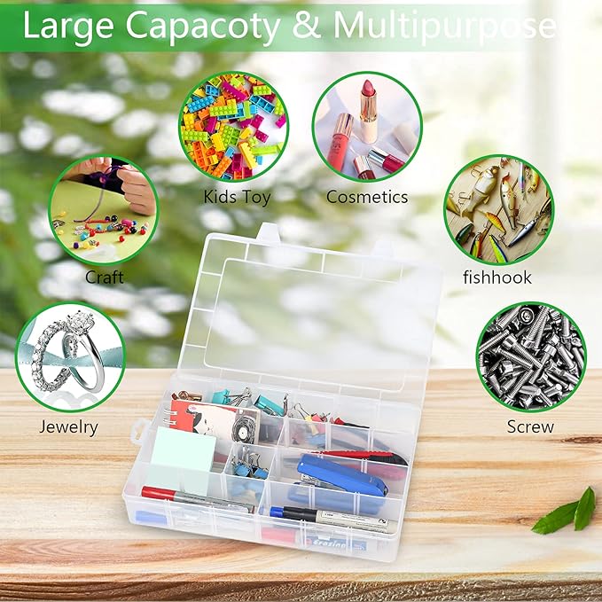 Large 24 Grids Plastic Organizer Box Adjustable Dividers,Clear Storage Box for Jewelry, Art DIY Crafts, Washi Tapes, Beads and Small Parts(3 Pack)