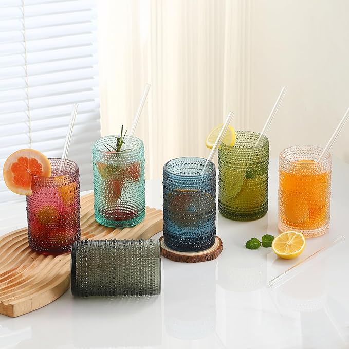 KMIGRUAN 15oz Colored Hobnail Drinking Glasses Set of 6,Vintage Kitchen Glassware, Embossed Beaded Glass Cups,Water Tumbler for Cocktail,Juice and Various Mixed Drinks - Image 5