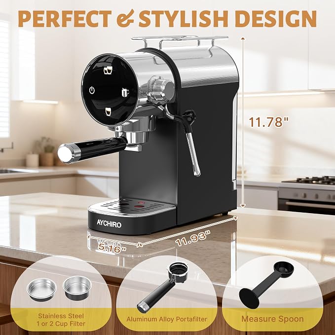 AYCHIRO 20 Bar Semi-Automatic Espresso Machine, Touch Panel Espresso Maker with Milk Frother Steam Wand, Cappuccino Latte Coffee Machine, Removable Water Tank for Home Barista,Soft Matte Black - Image 8