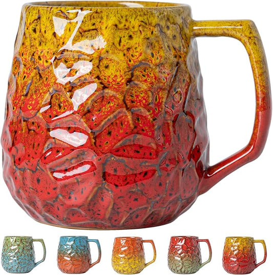 18oz Unique Yellow & Red Kiln-Change Ceramic Coffee Mug, Handcrafted Hammered Texture Ceramic Mug with Ergonomic Handle, Microwave & Dishwasher Safe, Gift for Coffee Lovers, Home Office Daily Use by XIYUANJI