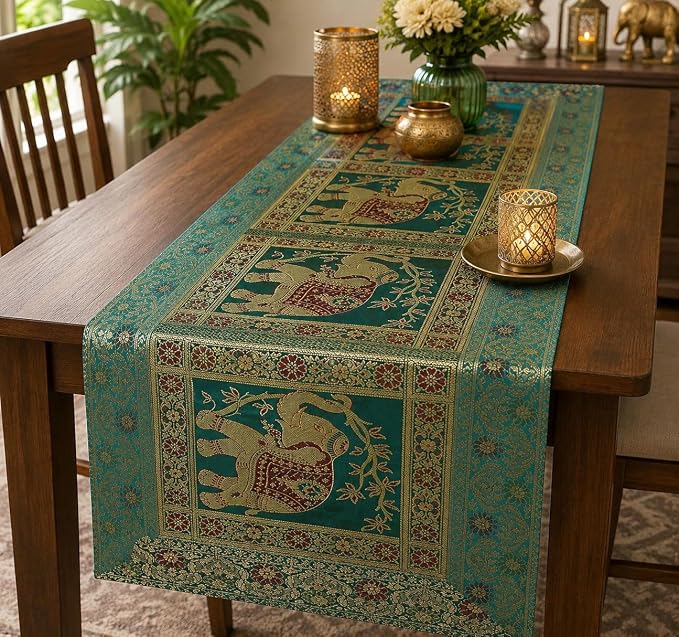 Indian Handmade Elephant Design Table Runner.Traditional Decorative Ethnic Kitchen Table Cloth for Wedding Bridal Birthday Party Decorations. 60 X 16 Green and Golden Color - Image 2