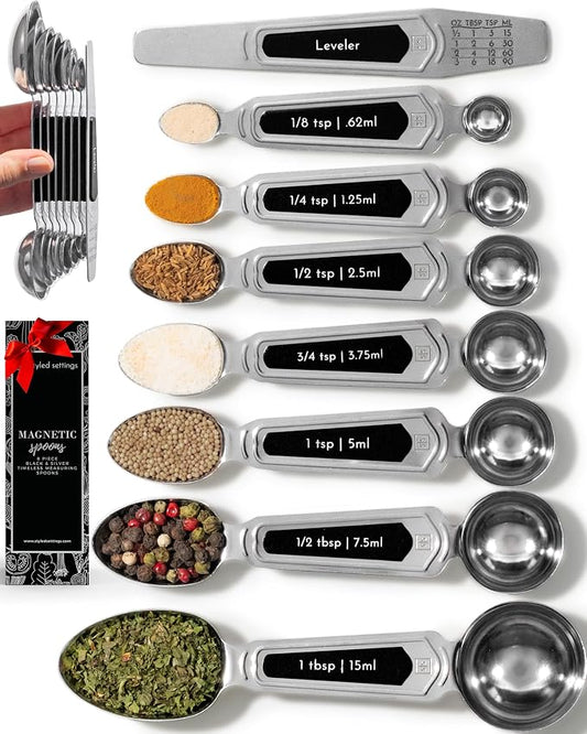Styled Settings Stainless Steel Magnetic Measuring Spoons Set, 8-Piece | BPA-free, Stackable, Double Sided Measuring Spoons with Leveler for Dry and Liquid Ingredient - Fits in Spice Jars by STYLEDSETTINGS