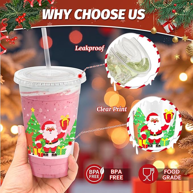 Christmas 20 OZ 50 Pack Plastic Cups with Lids and Straws, Sturdy Food Safe Iced Clear Coffee Cups Disposable Smoothie Cups for Cold Drinks