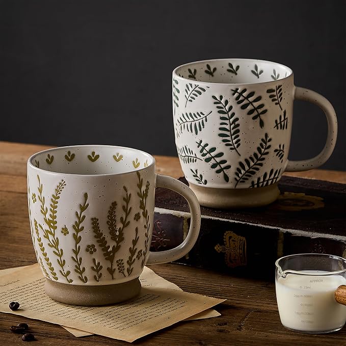 18 Oz Large Ceramic Coffee Mug Set of 2 - Rustic Handmade Floral Mugs with Handle, Microwave Safe for Latte Espresso Cappuccino Tea Cocoa Milk, Modern Unique Big Cups for Kitchen Women(Sage Green) - Image 7