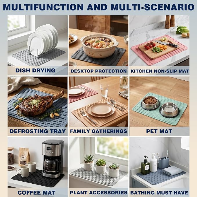 CAKETIME 2 Pack Silicone Dish Drying Mat for Kitchen Counter Waterproof Place mats Sink Protector Stove Top Organizer Cooking Appliance Trays Dryer Rack Drainers Items Extra Large 18"x16" Beige - Image 4