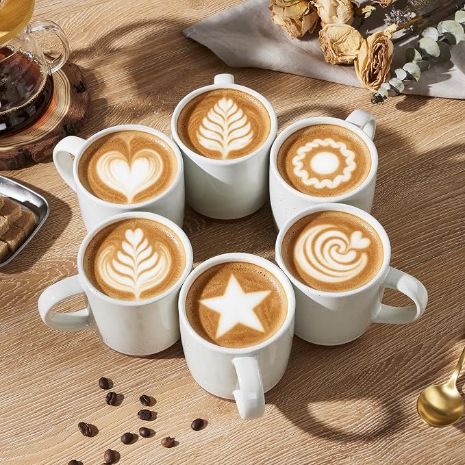 E-far Ceramic Coffee Mug Set of 6, 12oz Stoneware Coffee Cup with Handle, Porcelain Tea Cups, Modern Farmhouse Latte Mug Gift Set for Women & Men, Microwave Safe, Speckled White - Image 4