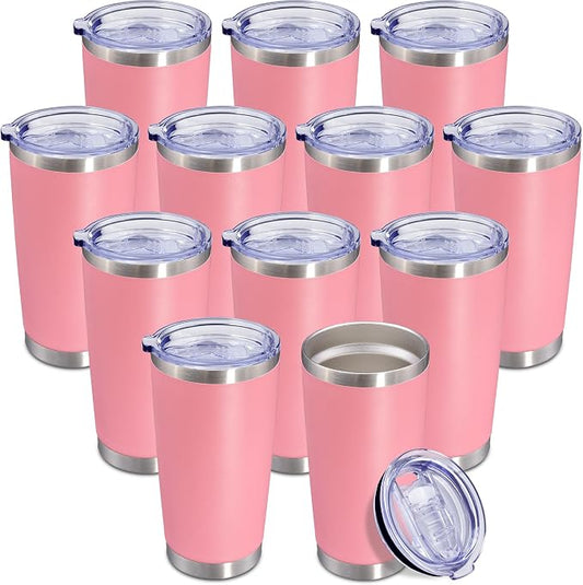 20oz Tumbler Insulated Coffee Tumblers with Lid Stainless Steel Pink 12P | 20 oz Tumblers Double Wall Insulated Vacuum 20oz Coffee Mug Leak Proof Tumblers with Lid Powder Coated - Pink 12 Pack by AEPDTD