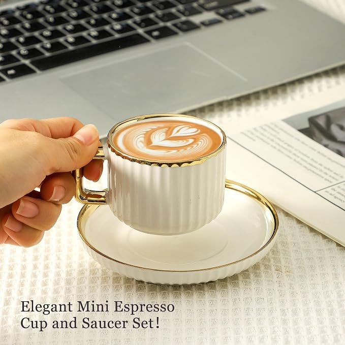 LETAOTAO Espresso Cups Set of 4, 3oz Espresso Cups and Saucers | Ceramic Coffee Cups with Gold Trim, Stackable Mini Demitasse Mugs for Espresso, Cappuccino,Latte, Americano and Tea - Image 4