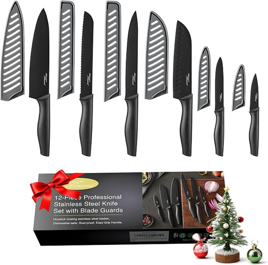 Marco Almond Kitchen Knife Set 12PC Kitchen Knives Set w Covers Black | 6 Knives with 6 Blade Guards, Stainless Steel Knives Set for Kitchen, Anti-Rust,Ergonomic Handle,Full Tang,Gift Box by MarcoAlmond