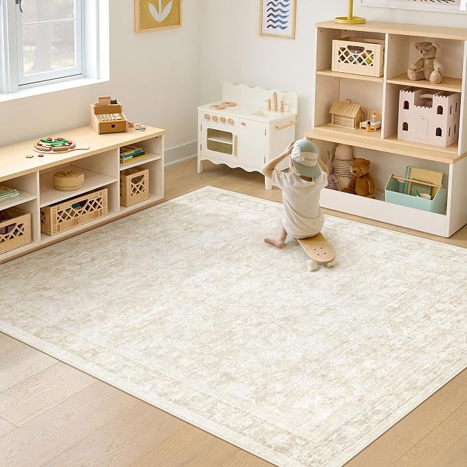 6x9 Area Rugs for Living Room: Washable Vintage Floral Rug Low Pile Non-Slip Boho Carpet for Bedroom Nursery Dining Room (Beige, 6'x9') - Image 5