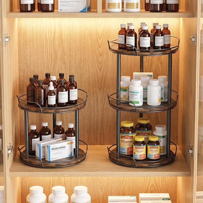 10'' Rotating Spice Rack, 3-Tier Lazy Susan Turntable Organizer | Wooden, for Cabinet, Table Top, Kitchen Countertop, Pantry, Bathroom, Vanity, Home Decor - Image 9