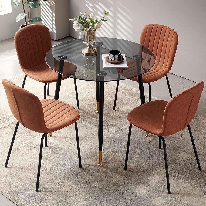 Dining Chairs Set of 4, Modern Mid Century Faux Leather Dining Room Chairs with Black Metal Legs, Comfortable Armless Side Kitchen Chair for Home, Living Room, Bedroom, Restaurant, Brown - Image 4
