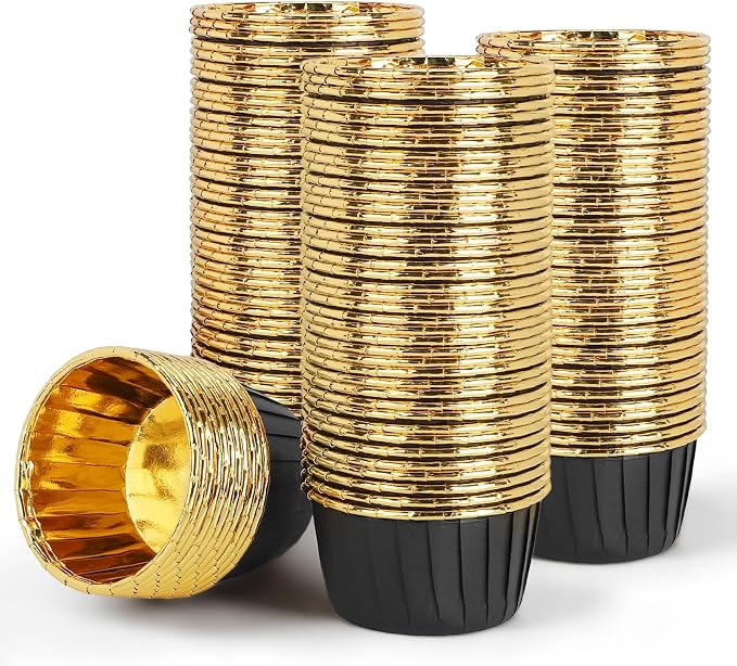 EUSOAR Black Cupcake Liners, 100pcs 3.5oz Mini Cheesecakes Cups Disposable Ramekins, Aluminum Foil Wrappers Paper Cupcake Containers Muffin Dessert Holders for Birthday Wedding Party-Black/Gold by EUSOAR