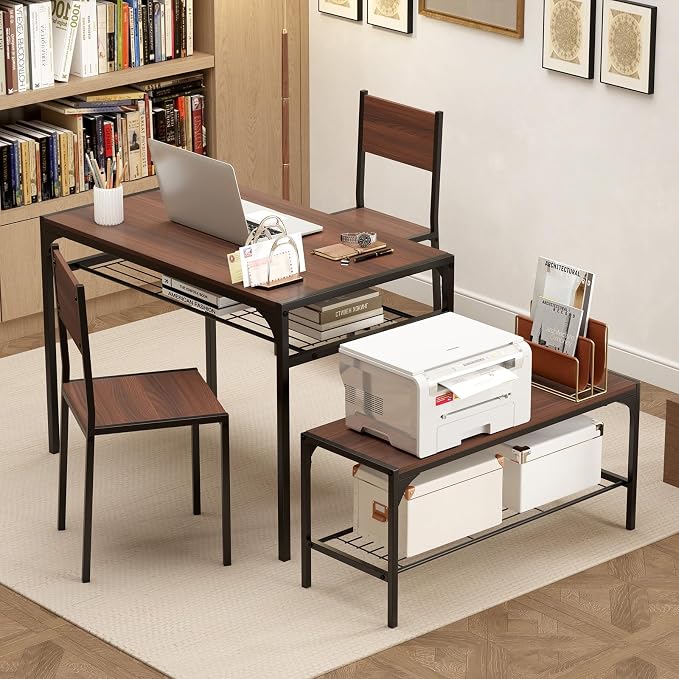 Giantex Dining Table Set for 4, Kitchen Table with Chairs & Bench, Storage Racks, Metal Frame, 4-Piece Space-Saving Dinette Set for Dining Room, Breakfast Nook, Small Space, Apartment, Walnut - Image 6