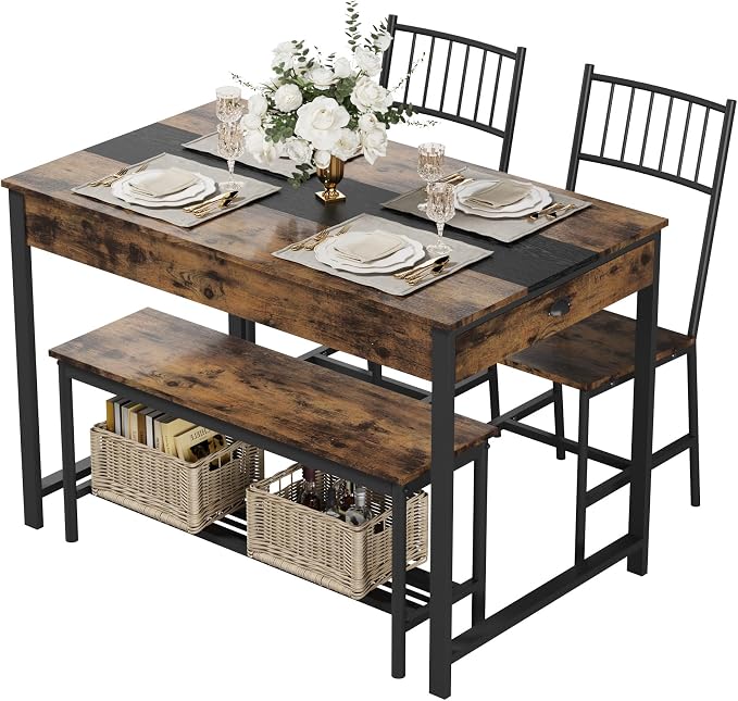 GarveeHome Dining Table Set for 4,Kitchen Table with Bench & 2 Chairs,Retro | Includes Storage Rack & Drawers, Space-Saving，Rectangular Farmhouse Style, Perfect for Breakfast Nook - Image 8