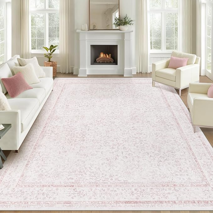 8x10 Area Rugs for Living Room: Washable Large Vintage Floral Rug Low Pile Non-Slip Boho Carpet for Bedroom Home Office Dining Room (Pink, 8'x10') by LOSBULAKE