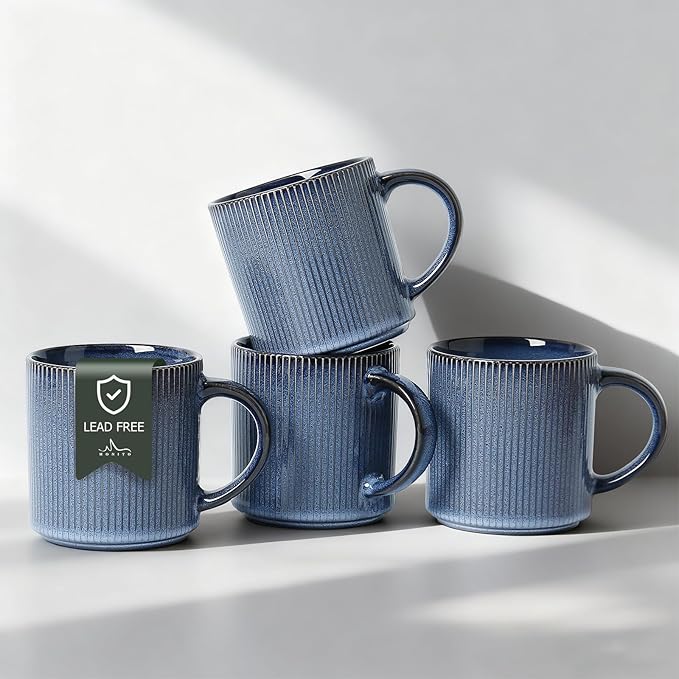 MONITO 16Oz Coffee Mugs Set of 4, Rustic Ceramic Coffee Cups Set with Large Handle, Vintage Striped Stoneware Coffee Mugs for Latte, Cocoa, Tea, Milk, Microwave & Dishwasher Safe, Deep Blue by MONITO