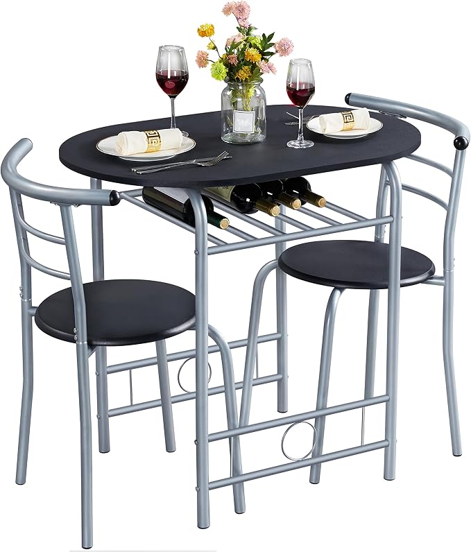 Yaheetech 3-Piece Dining Room Table Set, Kitchen Table & Chair Sets for 2, Compact Table Set w/Steel Legs, Built-in Wine Rack for Breakfast Nook, Small Space, Apartment, Black, 31.5x21x29" (LxWxH) by Unknown