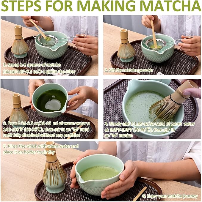 Joyscale Matcha Whisk Set, Matcha Set Whisk And Bowl, 8 Pcs Matcha Kit Set(Texture Design), 16 OZ, Japanese Matcha Tea Set, Matcha Making Kit Gifts for Tea Lovers(Mottled Green)