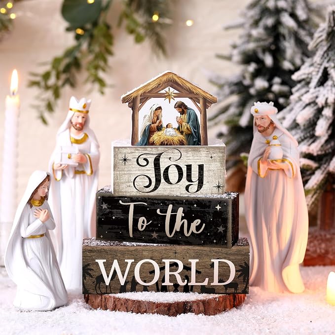 Moucuny 4 Pcs Christmas Table Decor Wooden Christian Religious Decoration Nativity Scene Centerpiece Joy to the World Tiered Tray Decor Farmhouse Xmas Decoration for Kitchen - Image 5