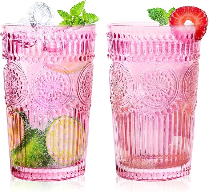 Loivttvv 6pcs Vintage Drinking Glasses Set, 12 oz Pink Highball Glasses, Embossed Ribbed Glassware Cups for Cocktail, Water, Juice, Coffee, Whiskey by Loivttvv