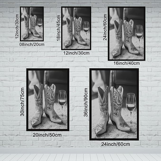 UXCBIA Cowboy Boots And Wine, Black And White, Stylish Vintage Country Poster Canvas Poster Wall Art Decor Print Picture Paintings for Living Room Bedroom Decoration Black Frame 12x18in(30x45cm) - Image 2