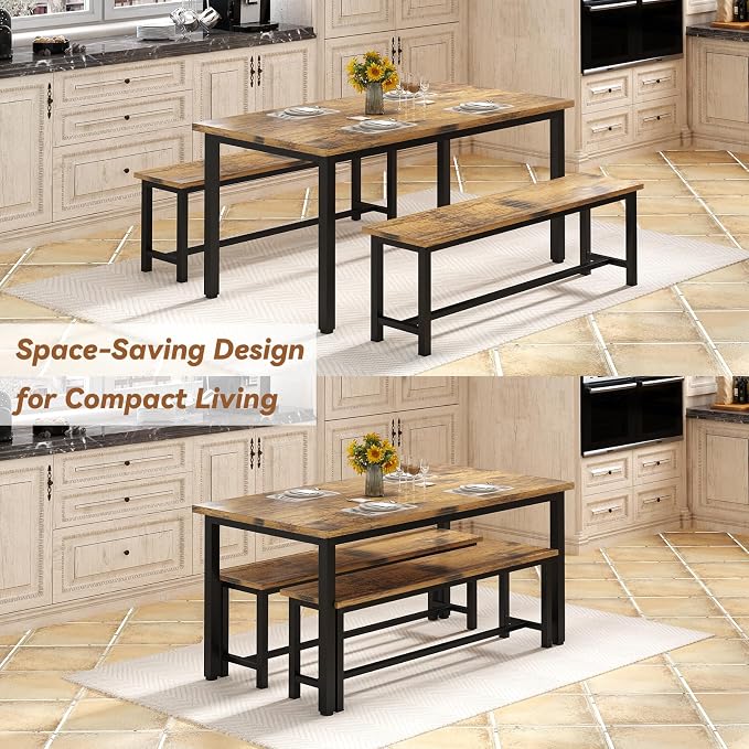 Recaceik Dining Table Set for 4 Kitchen Dining Room Set with 2 Dinner Benches, Farmhouse Breakfast Table for Apartment Small Space, Easy Assembly - Image 7